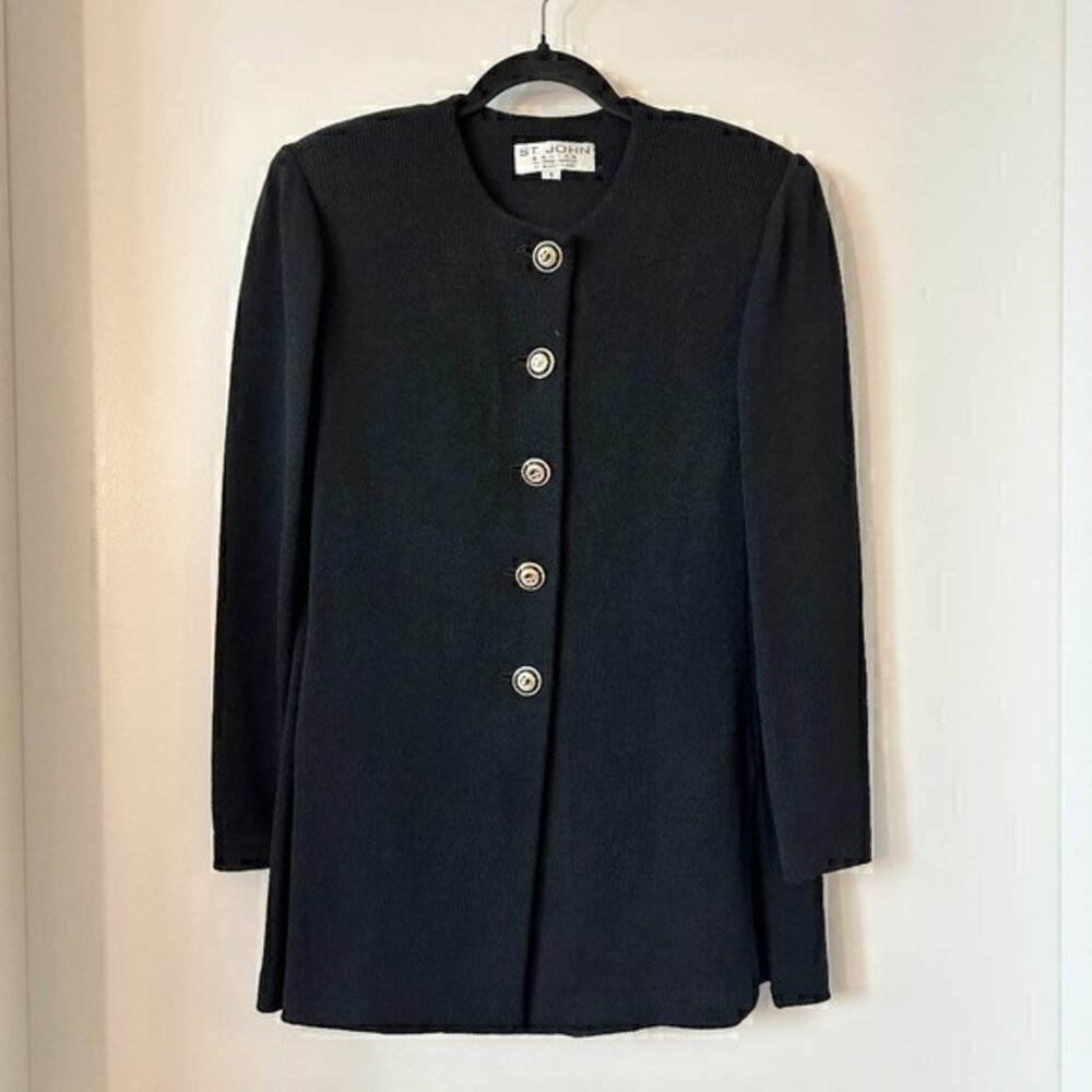 St. John Black Button Down Fine Santana Knit Cardigan Jacket Size S